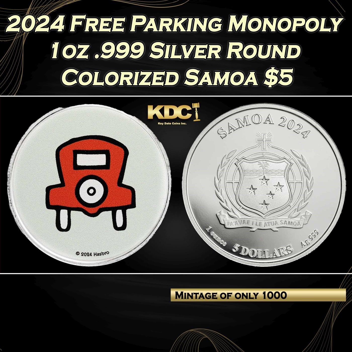 2024 Free Parking Monopoly 1oz .999 Silver Round Colorized Samoa Round