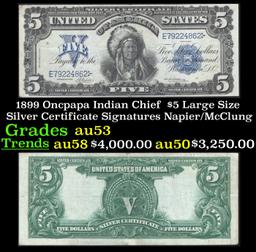 1899 $5 Large Size Silver Certificate Oncpapa Indian Chief  Grades Select AU Signatures Napier/McClu