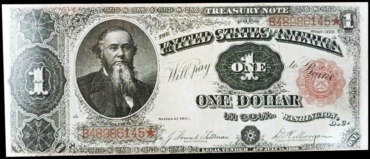 1891 $1 Treasury Note Edwin M Stanton Grades xf Signatures Tillman/Morgan