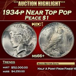 1934-p Peace Dollar Near Top Pop $1 ms66+ SEGS