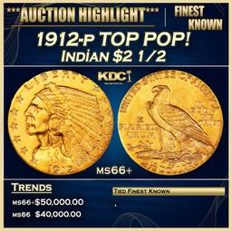 1912-p Gold Indian Quarter Eagle TOP POP! $2 1/2 ms66+ USCG