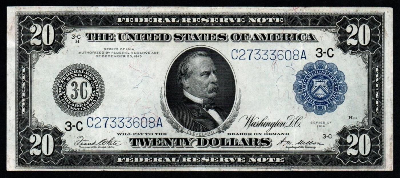 1914 $20 Large Size Blue Seal Federal Resrve Note Philadelphia, PA Grades Select AU FR-975