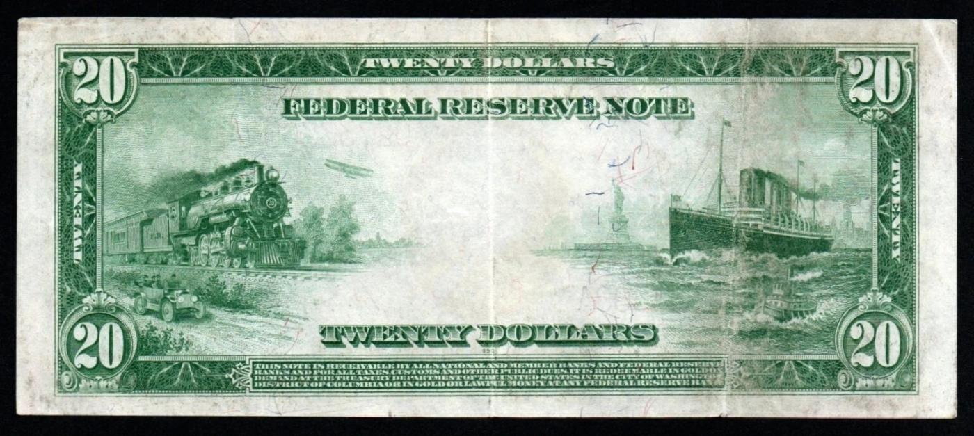 1914 $20 Large Size Blue Seal Federal Resrve Note Philadelphia, PA Grades Select AU FR-975