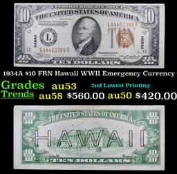 1934A $10 FRN Hawaii WWII Emergency Currency Grades Select AU