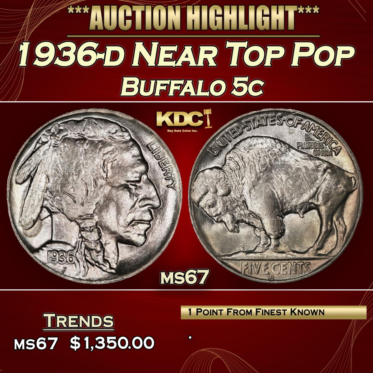 1936-d Buffalo Nickel Near Top Pop 5c ms67 SEGS