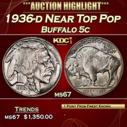 1936-d Buffalo Nickel Near Top Pop 5c ms67 SEGS