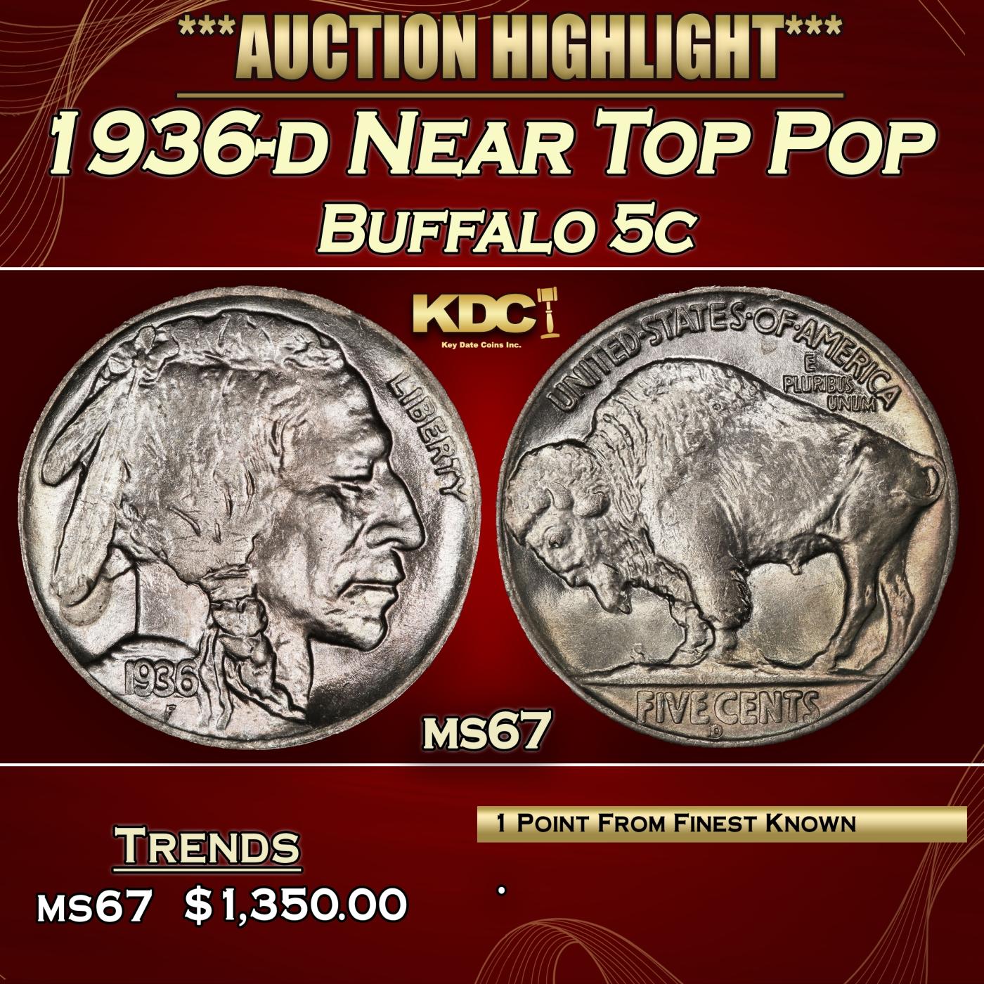 1936-d Buffalo Nickel Near Top Pop 5c ms67 SEGS
