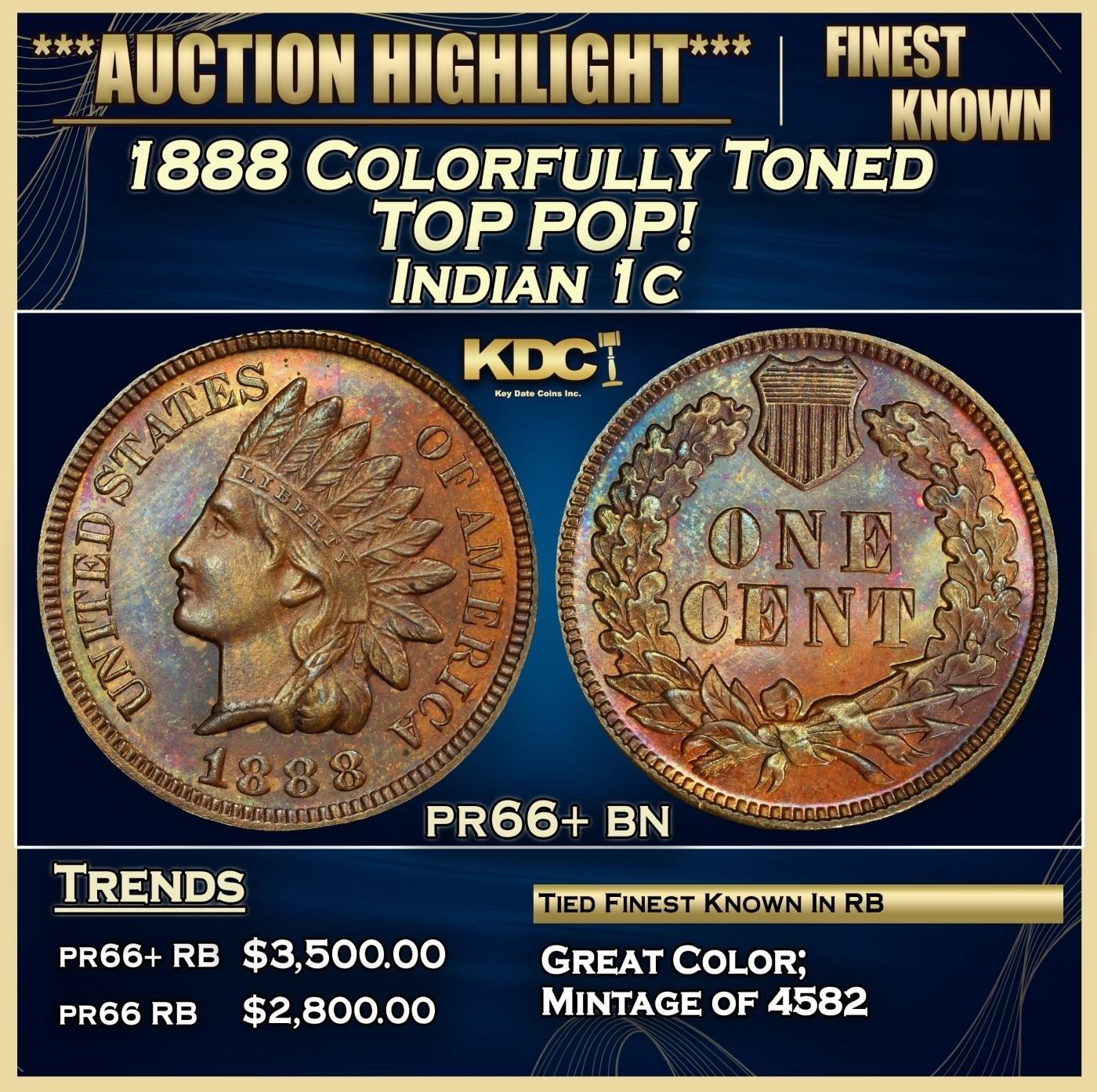 1888 Proof Indian Cent Colorfully Toned TOP POP! 1c pr66+ bn SEGS
