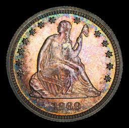 1869 Proof Seated Liberty Quarter Rainbow Toned Near Top Pop 25c pr66+ SEGS
