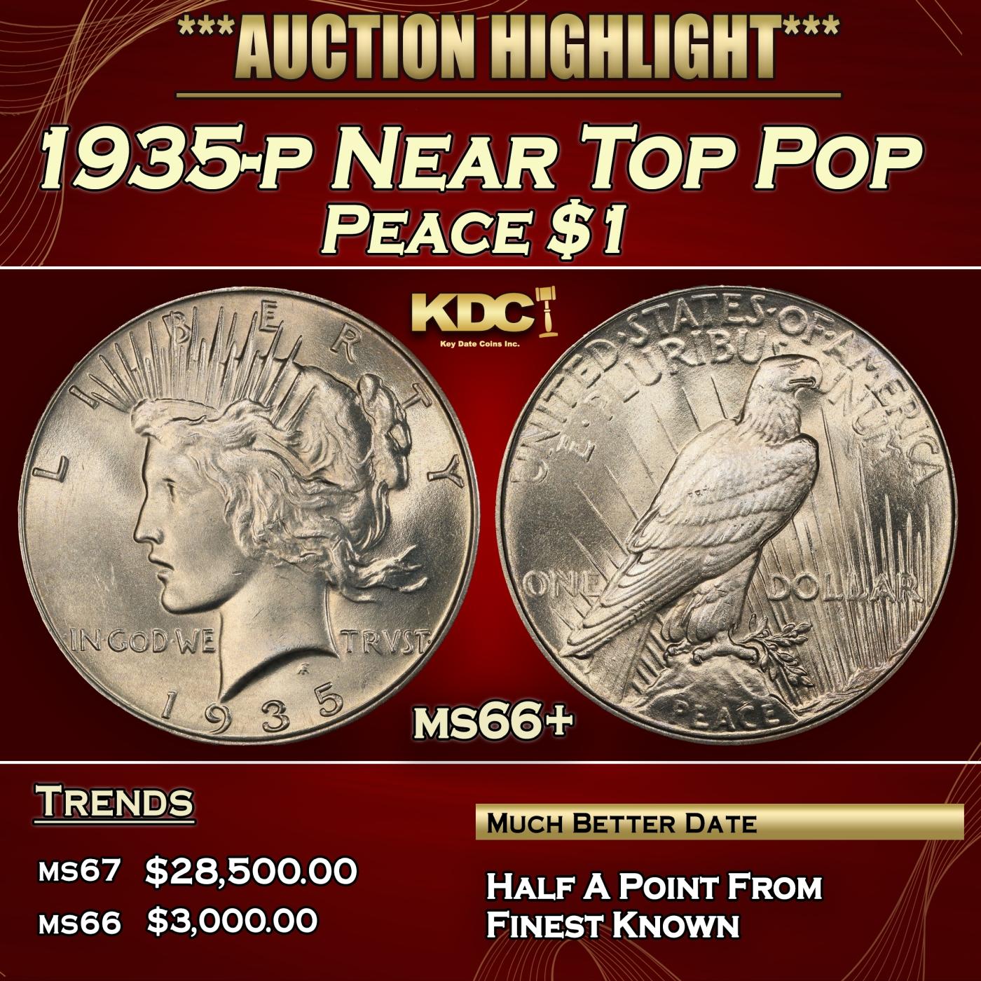 1935-p Peace Dollar Near Top Pop $1 ms66+ SEGS