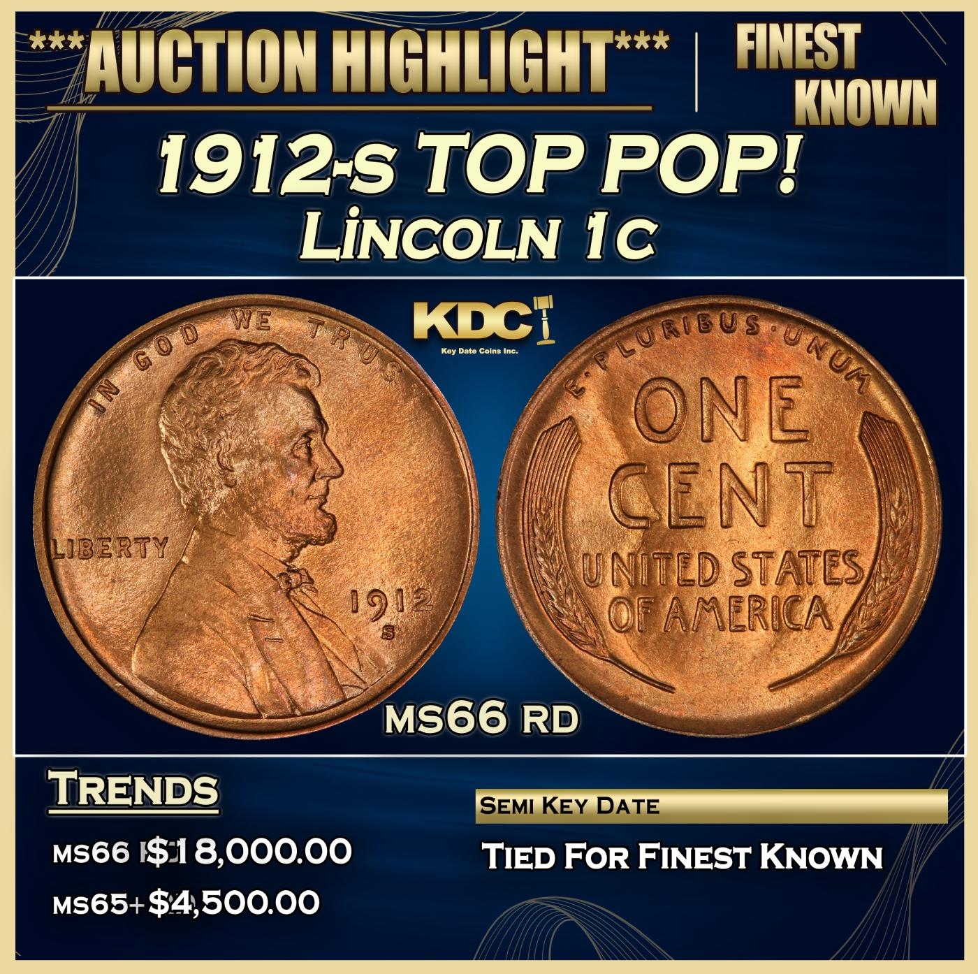 1912-s Lincoln Cent TOP POP! 1c ms66 rd SEGS