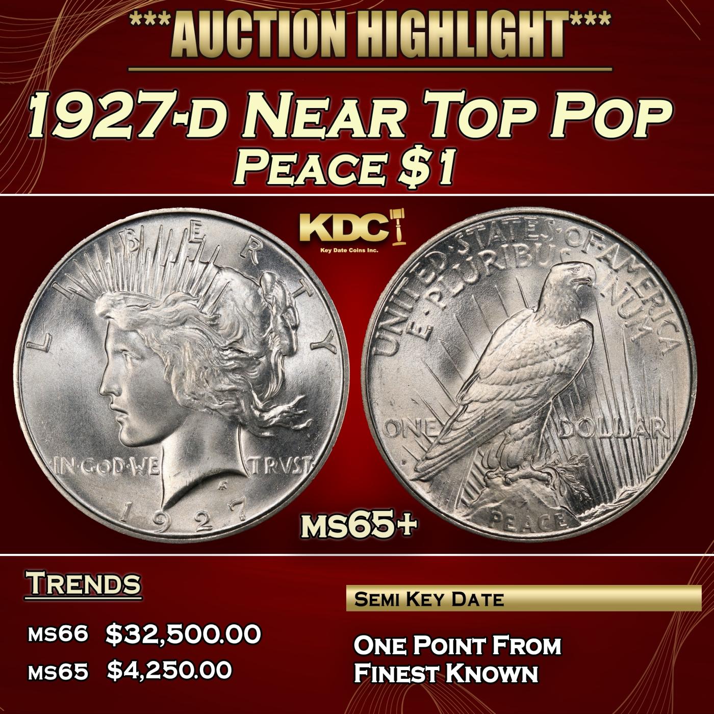 1927-d Peace Dollar Near Top Pop $1 ms65+ SEGS