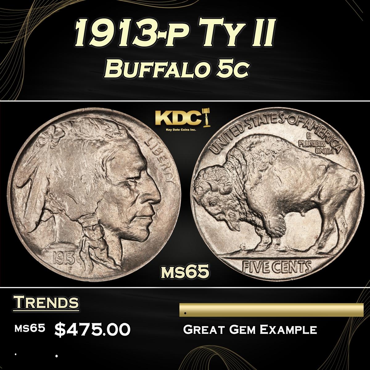 1913-p Ty II Buffalo Nickel 5c Grades ms65