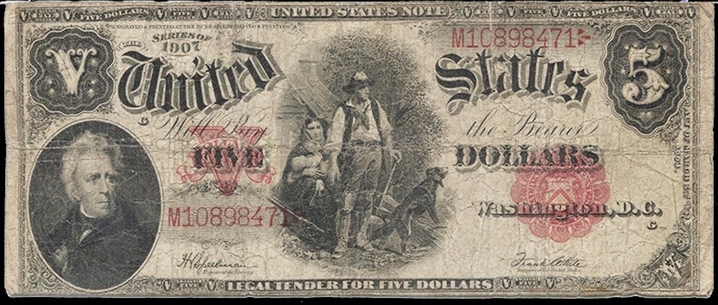 1907 $5 Large Size Legal Tender Note "WoodChopper" Grades vf+ Signatures Speelman/White