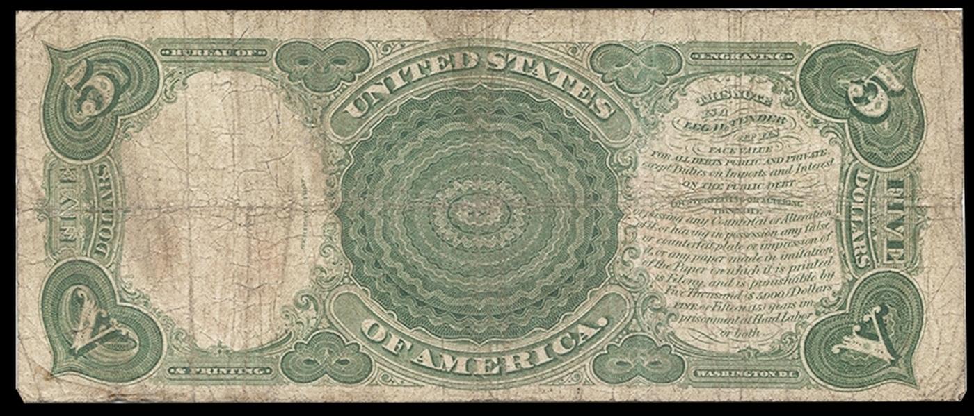 1907 $5 Large Size Legal Tender Note "WoodChopper" Grades vf+ Signatures Speelman/White