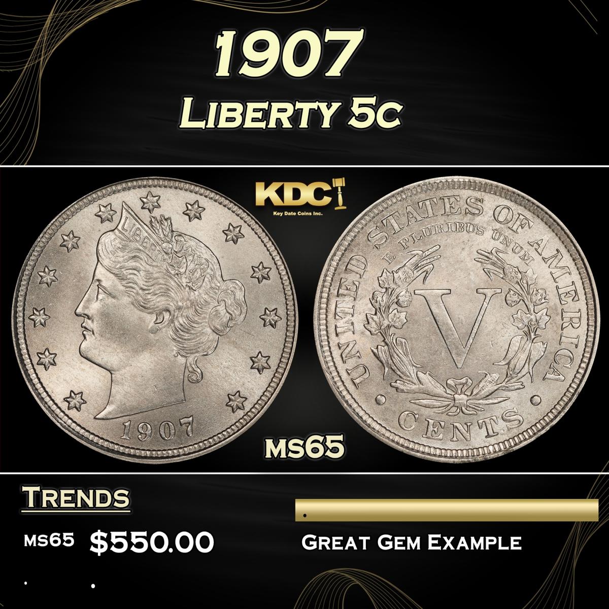 1907 Liberty Nickel 5c Grades ms65