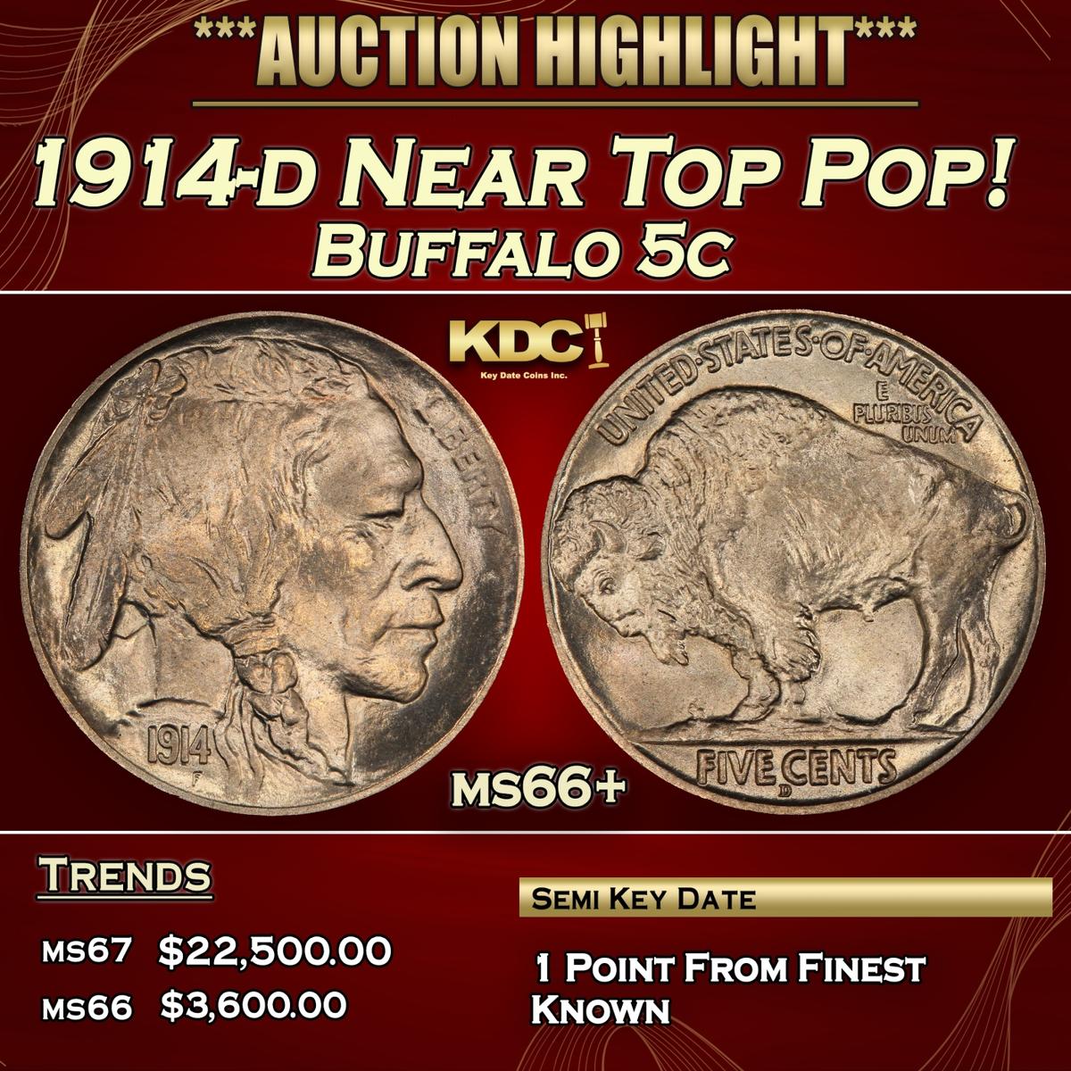 1914-d Buffalo Nickel Near Top Pop! 5c ms66+ SEGS