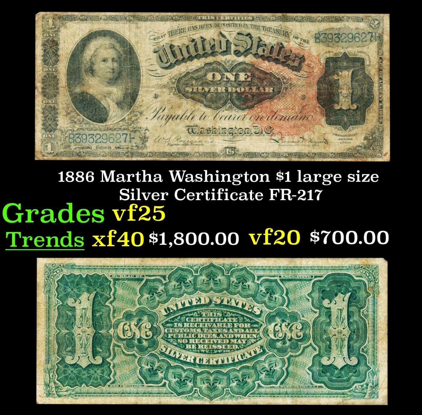 1886 $1 large size Silver Certificate Martha Washington Grades vf+ FR-217