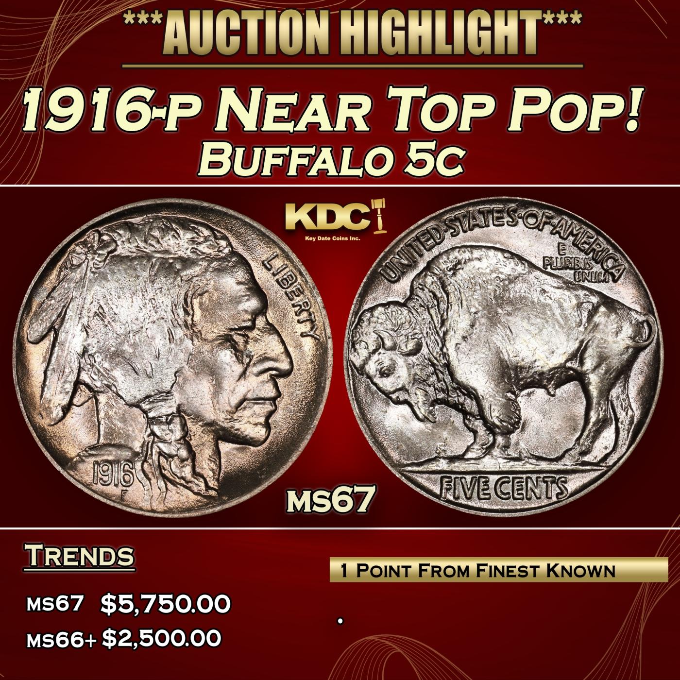 1916-p Buffalo Nickel Near Top Pop! 5c ms67 SEGS