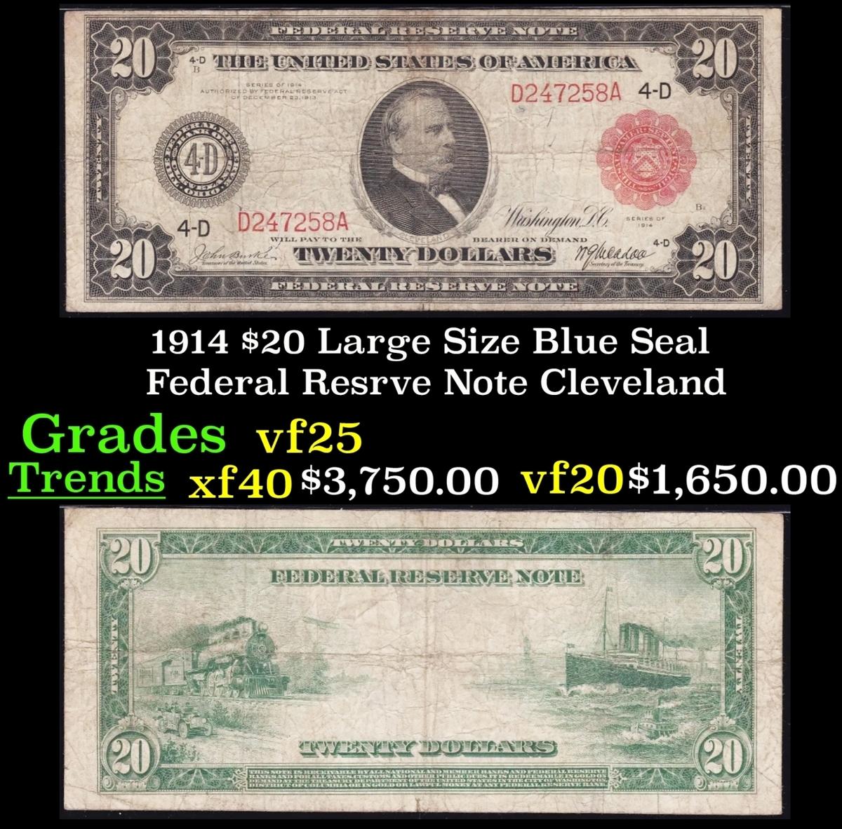 1914 $20 Large Size Blue Seal Federal Resrve Note Grades vf+ Cleveland