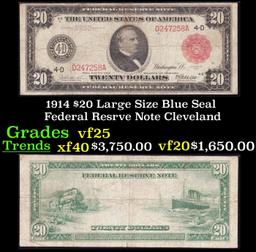1914 $20 Large Size Blue Seal Federal Resrve Note Grades vf+ Cleveland
