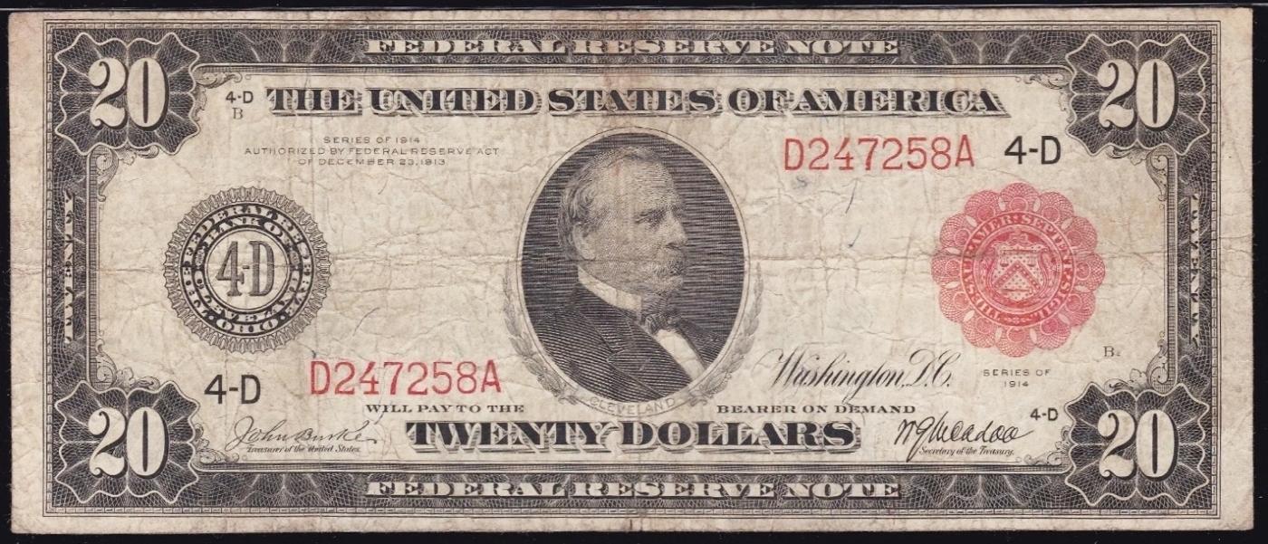 1914 $20 Large Size Blue Seal Federal Resrve Note Grades vf+ Cleveland