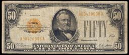1928 $50 Gold Certificate FR-2404 Signatures Woods/Mellon Grades vf+