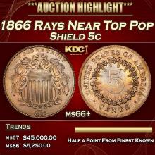 1866 Rays Shield Nickel Near Top Pop 5c ms66+ SEGS
