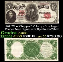 1907 $5 Large Size Legal Tender Note "WoodChopper" Grades Choice AU/BU Slider Signatures Speelman/Wh