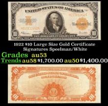 1922 $10 Large Size Gold Certificate Grades Select AU Signatures Speelman/White