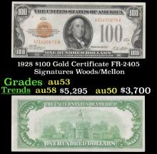 1928 $100 Gold Certificate FR-2405 Signatures Woods/Mellon Grades Select AU