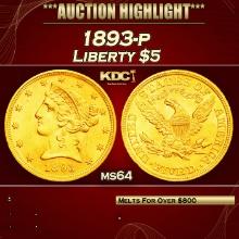 1893-p Gold Liberty Half Eagle $5 ms64 SEGS