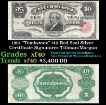 1891 $10 Red Seal Silver Certificate "Tombstone" Grades xf Signatures Tillman/Morgan