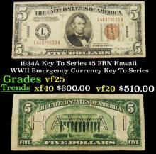 1934A $5 FRN Hawaii WWII Emergency Currency Key To Series Key To Series Grades vf+