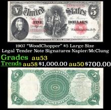 1907 $5 Large Size Legal Tender Note "WoodChopper" Grades Select AU Signatures Napier/McClung
