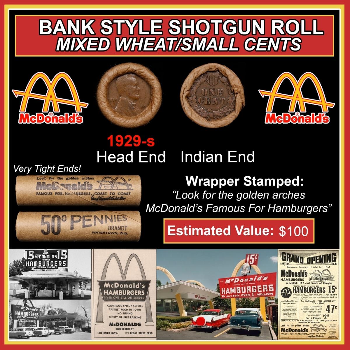 Lincoln Wheat Cent 1c Mixed Roll Orig Brandt McDonalds Wrapper, 1929-s end, Indian other end