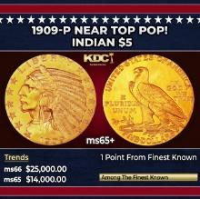 1909-p Gold Indian Half Eagle Near Top Pop! $5 ms65+ USCG