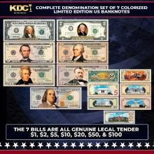Complete Denomination Set of 7 Colorized 2-Sided US Banknotes ($1 to $100) The Bills Are Real Other