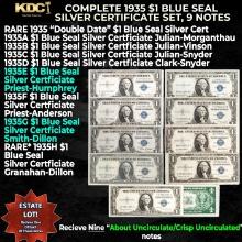Complete 1935 $1 Blue Seal Silver Certificate Set, 9 Notes 1935-1935H, Including Rare Double Date No