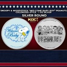 Snoopy & Woodstock "Welcome Baby Boy" Peanuts Colorized Style - 1 oz Silver Round Round