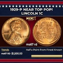 1929-p Lincoln Cent Near Top Pop! 1c ms67 rd SEGS