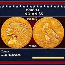1908-d Gold Indian Half Eagle $5 ms64 USCG