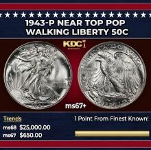 1943-p Walking Liberty Half Dollar Near Top Pop 50c ms67+ SEGS