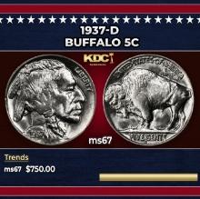 1937-d Buffalo Nickel 5c ms67 SEGS