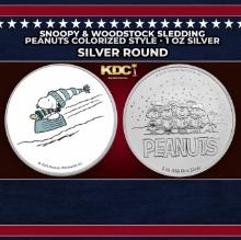Snoopy & Woodstock Sledding Peanuts Colorized Style - 1 oz Silver Round Round