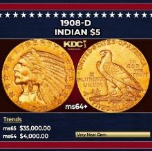 1908-d Gold Indian Half Eagle $5 ms64+ USCG