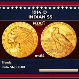 1914-d Gold Indian Half Eagle $5 ms64 USCG