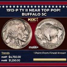 1913-p Ty II Buffalo Nickel Near Top Pop! 5c ms66+ SEGS