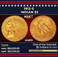 1912-s Gold Indian Half Eagle $5 ms63+ USCG