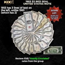5x 1953 $2 Red Seal United States Note Heavily Circulated
